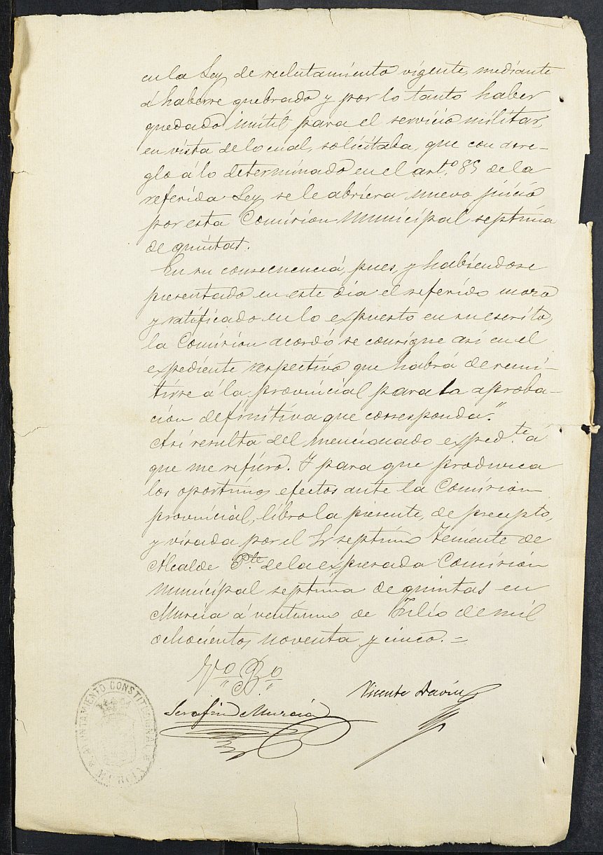 Copia certificada del expediente general de Quintas de la Sección 7ª del Ayuntamiento de Murcia del reemplazo de 1895.